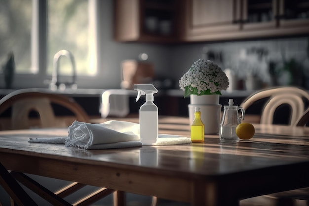 Nettoyage de la surface de la table de cuisine avec un spray désinfectant AI Generation