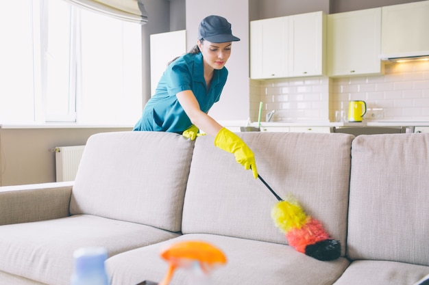 Un nettoyant soigné et concentré fonctionne dans l'appartement