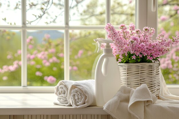 Photo nettoyer les bouteilles de la maison avec des détergents nettoyer les gants et les serviettes sur la table de la cuisine