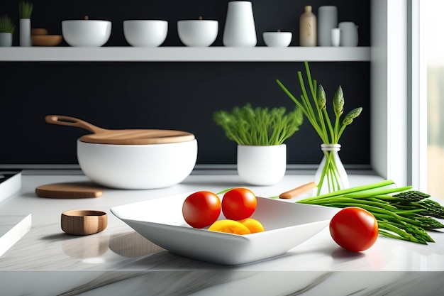 Nettoyer le comptoir de cuisine en marbre blanc minimal avec des ingrédients de cuisine bol d'asperges aux tomates