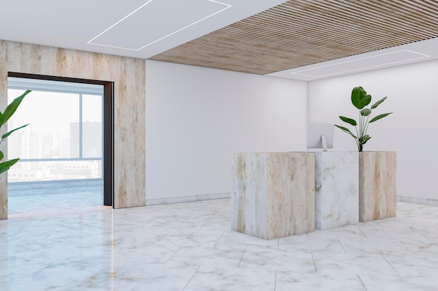 Nettoyer l'intérieur du hall de bureau en bois et en béton avec fenêtre et vue sur la ville Zone d'attente et concept d'hôtel Rendu 3D