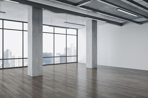 Nettoyer l'intérieur spacieux de la galerie en béton et en bois avec fenêtres panoramiques et vue sur la ville Rendu 3D