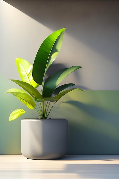 Nettoyer le mur de ciment poli vierge avec un bananier tropical vert dans un pot rond en béton gris sur ceme