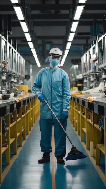 Le nettoyeur professionnel portant un uniforme de protection nettoie le sol de l'usine de production