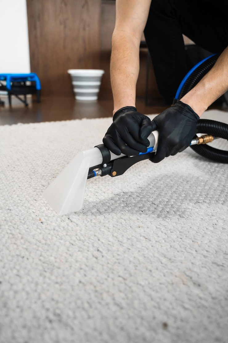 Photo le nettoyeur utilise un extracteur pour nettoyer le tapis à la maison l'utilisation d'un extracteur pour laver le tapis de la poussière et des taches