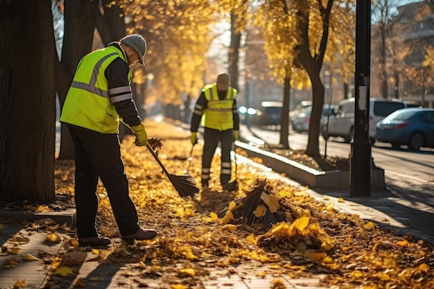 Les nettoyeurs de rues balayent les feuilles tombées à l'extérieur le jour d'automne Les feuilles tomberont jaunes Le parc de la ville nettoie les rues Le nettoyeur en uniforme Illustration générative d'IA