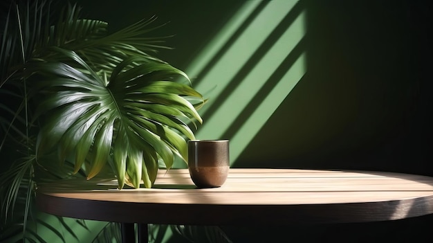 Nettoyez le comptoir de la table en bois avec un palmier tropical à la lumière du jour tachetée AI Generated