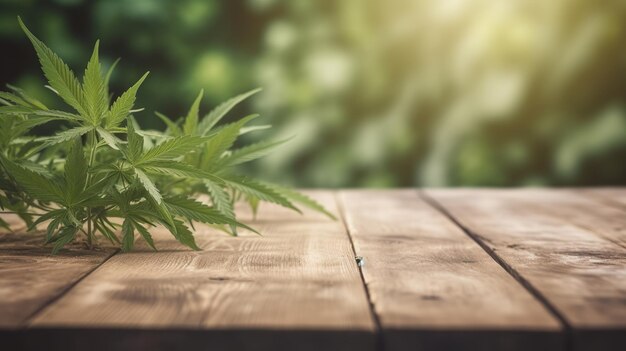 Nettoyez mieux la table en bois avec une base trouble de plantes de cannabis Ressource créative générée par l'IA