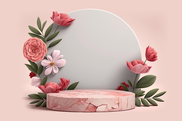 Nettoyez le podium en pierre rose minimal pour la publicité de produits avec des fleurs et des plantes