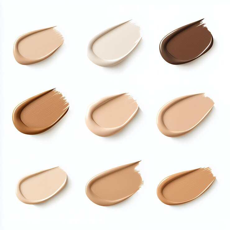 Photo neuf échantillons de maquillage de fondation dans différents tons de peau isolés sur blanc