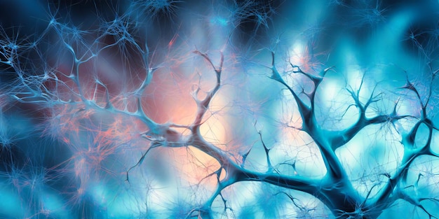 Les neurones sont représentés par des rayons bleus et rose clair