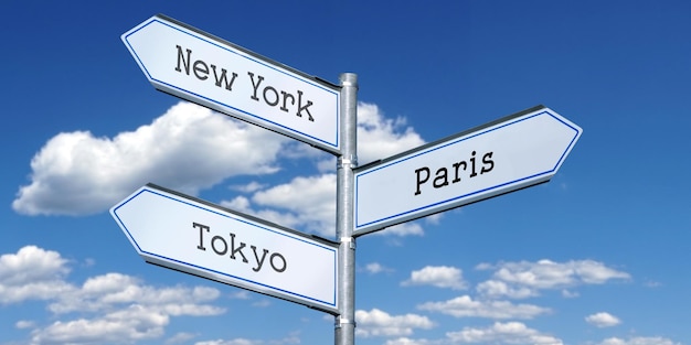 New York Paris Tokyo panneau de signalisation en métal avec trois flèches