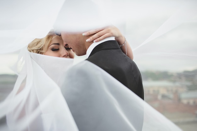 Photo newlyweds couvert par le voile de la mariée