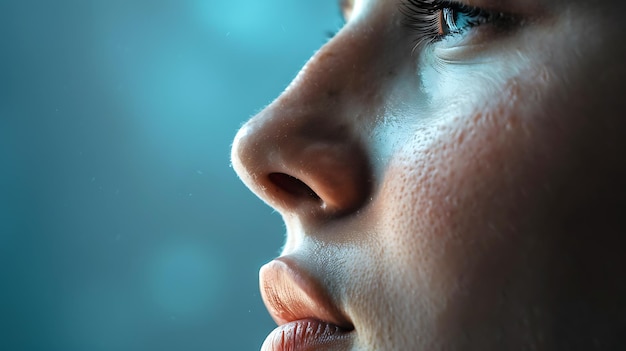 Photo un nez de femme avec un fond bleu