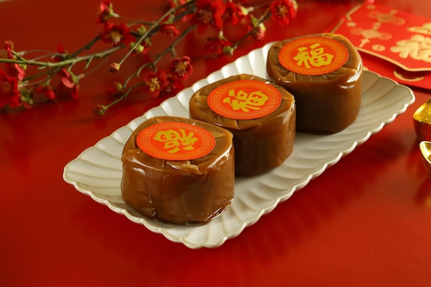 Nian gao ou kue keranjang, Gâteau du Nouvel An chinois (avec le caractère chinois Fu signifie Fortune)