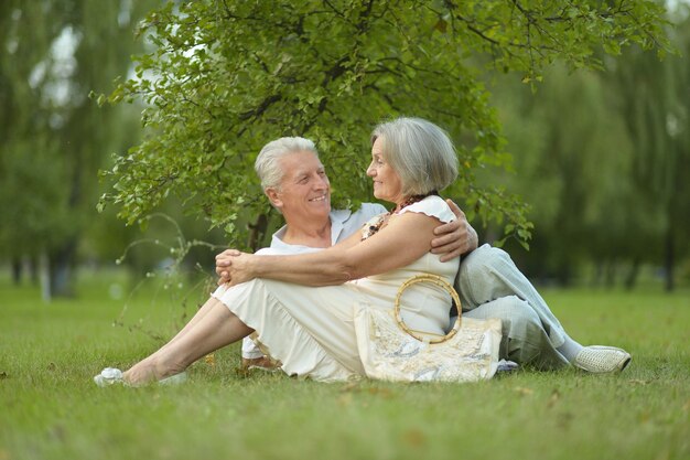 Nice senior couple sitting on grass in park