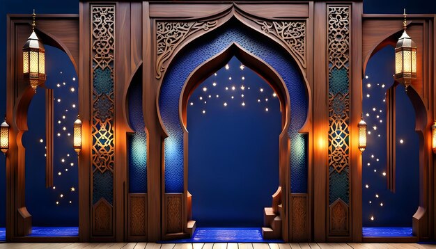 Nicée de mosquée bleue décorative en bois avec des lanternes suspendues