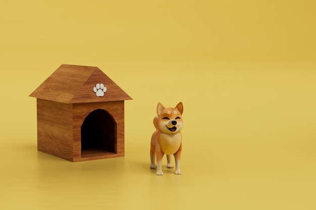 Niche Le Chien Se Tient Près Du Stand Sur Un Fond Jaune Copie Coller Copie Espace Rendu 3d