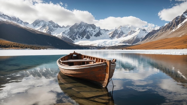 Niché par la nature, un bateau en bois repose sur un lac de montagne serein