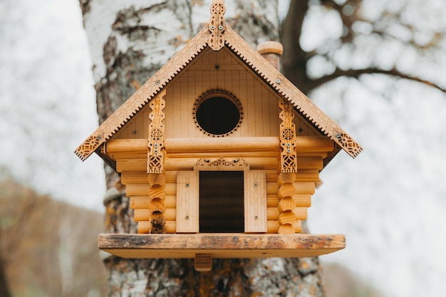 Nichoir en bois nichoir sur un arbre. Prenez soin des animaux. Bricolage avec les enfants.