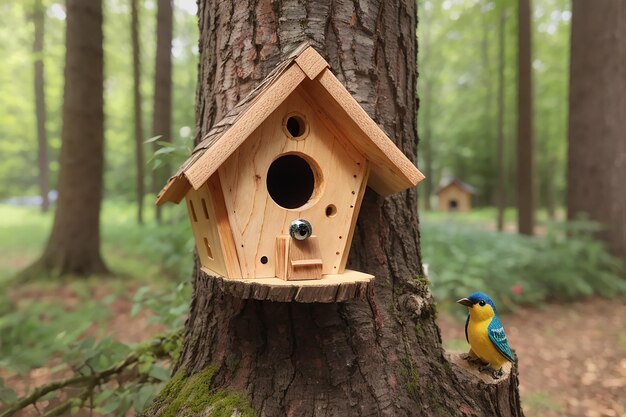 Photo nichoir fait main sur arbre étourneau fait maison sur le grand tronc d'arbre protection de la faune