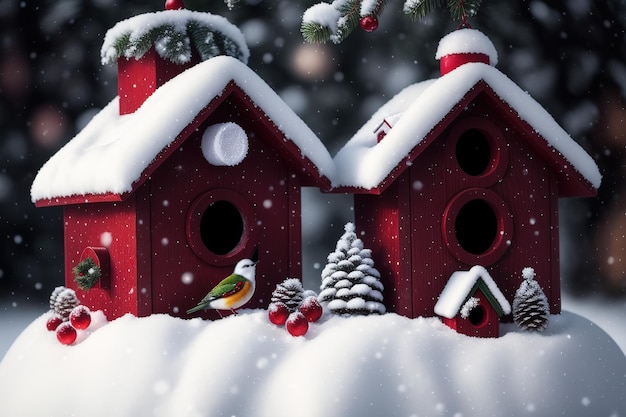 Un nichoir rouge avec un oiseau sur le toit se trouve devant un sapin de Noël.