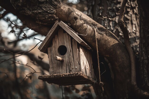 Un nichoir suspendu à une illustration d'art numérique de branche d'arbre