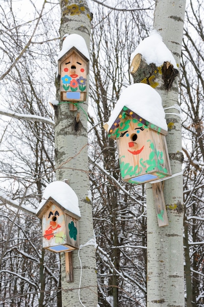 Nichoirs souriants. Nichoir sous la forme d'une drôle de tête sur l'arbre. Nichoir en bois fait à la main recouvert de neige. Paysage d'hiver avec des arbres couverts de neige et de l'espace de copie.