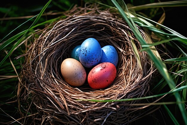 Un nid coloré de quatre œufs