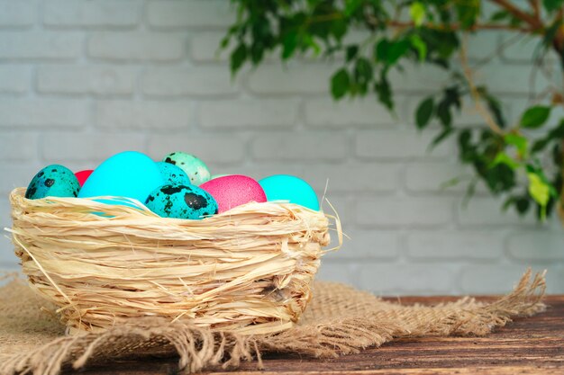 Nid décoratif de Pâques avec des oeufs colorés