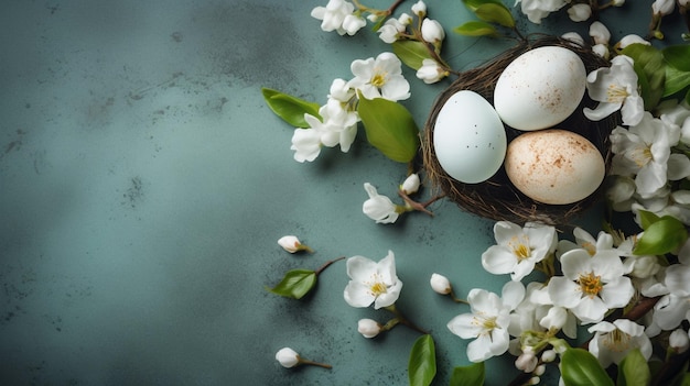 Photo un nid d'oeufs avec une fleur de cerisier sur le dessus