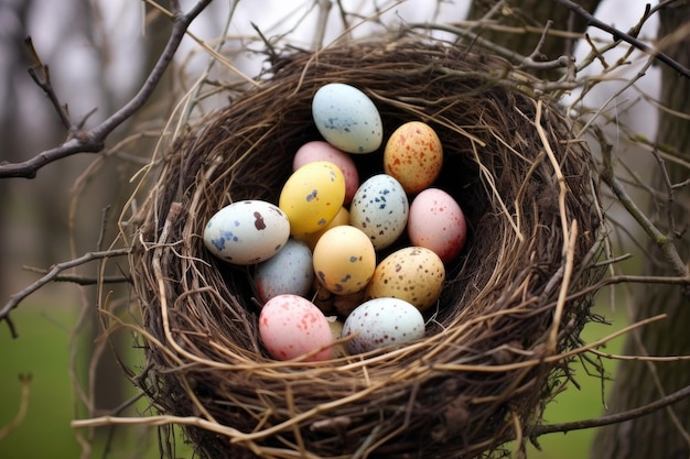 Nid avec des oeufs d'oiseaux rares colorés sur une branche d'arbre créée avec une IA générative