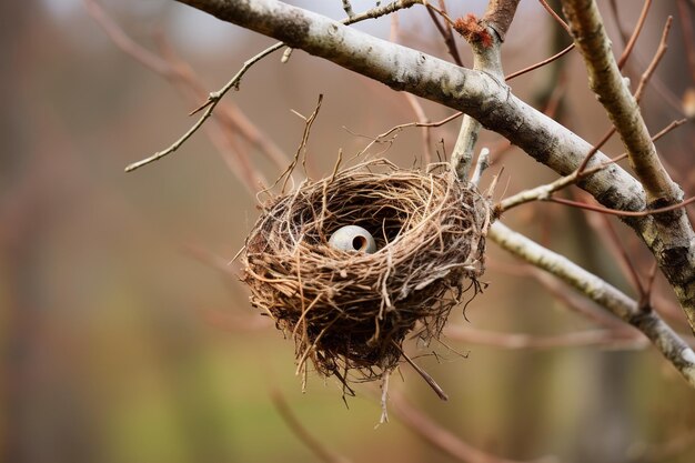 Photo un nid d'oiseau abandonné bercé dans la courbe d'une haute branche de chêne