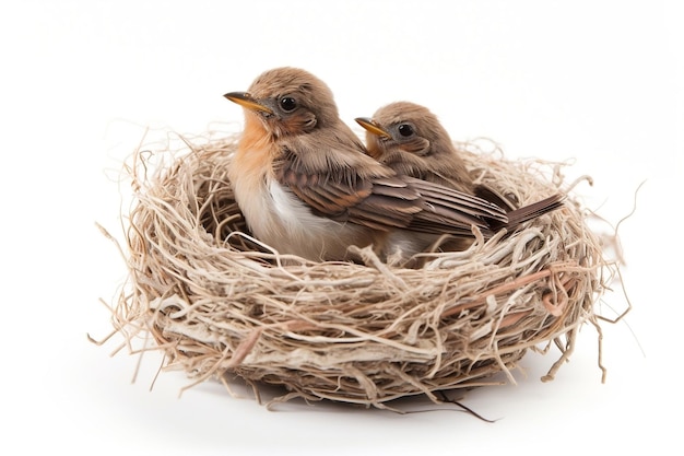 Nid d'oiseau avec deux bébés oiseaux isolés sur fond blanc IA générative