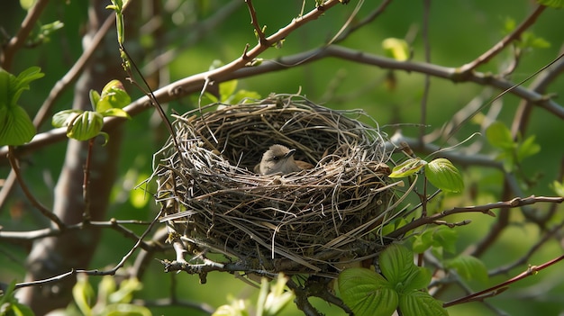 Photo un nid d'oiseau est une petite structure en forme de coupe faite de brindilles, d'herbe et d'autres matériaux. il est généralement construit dans un arbre ou sur un bâtiment.