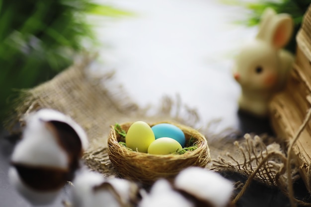 Nid d'oiseau avec des oeufs. Branches de saule et premières verdures. Fond de Pâques. Dimanche des Rameaux. Fête chrétienne. Fond de printemps.