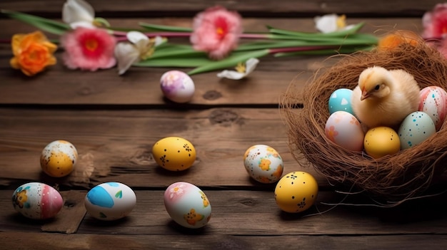 Nid d'oiseau poussin et oeufs de pâques peints faible profondeur de champ concept de joyeuses pâques