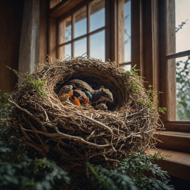 un nid d'oiseaux avec une fenêtre en arrière-plan
