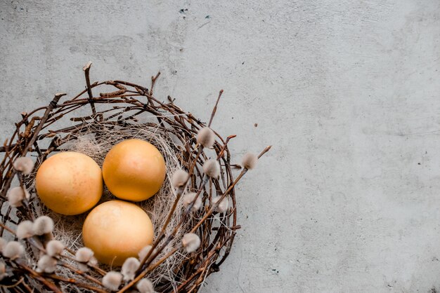 un nid et plusieurs oeufs avec des bâtons de saule. Abstrait gris pierre, notion de joyeuses Pâques