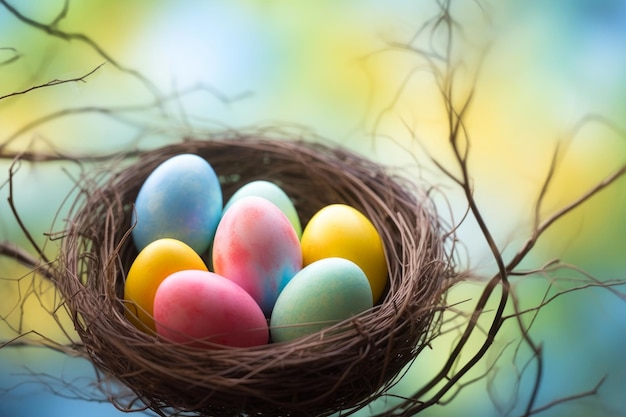 Un nid de printemps festif avec des œufs brillants