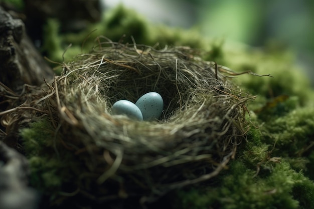 Un nid rempli de trois œufs d'oiseaux cardinaux dans les branches d'un orme de Chine