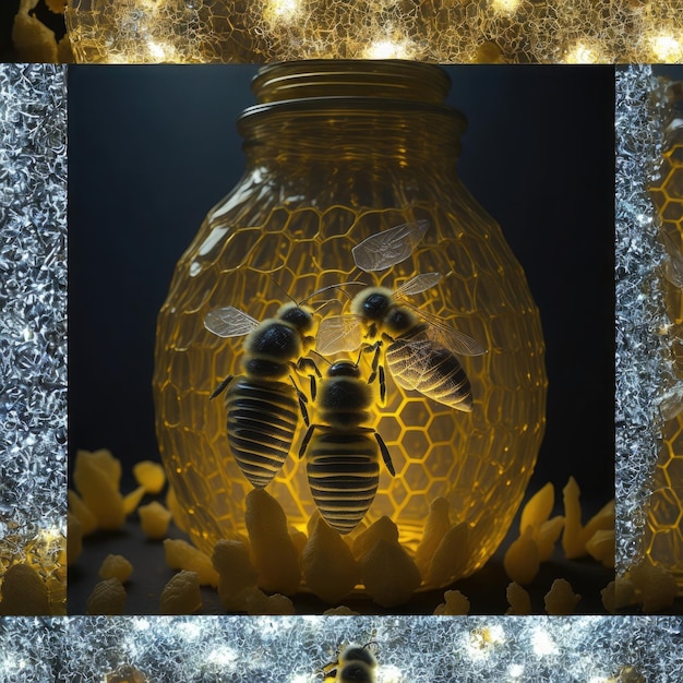 Photo nids d'abeilles avec des abeilles sur fond sombre