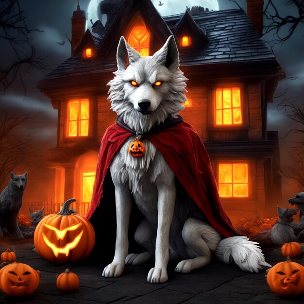 Énigmatique RedEyed Wolf Halloween Élégance en détail