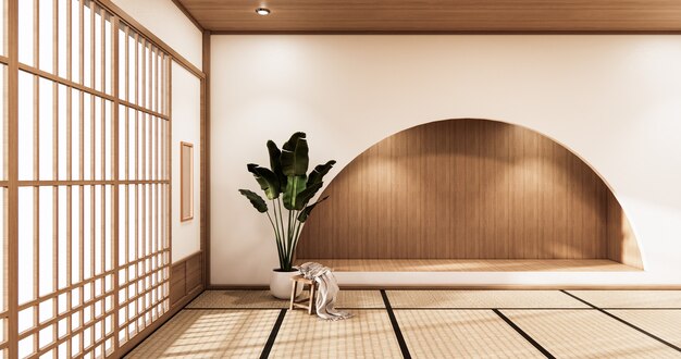 Nihon Chambre Design Intérieur Et Meuble étagère Murale Sur Tatami Au Sol Salle De Style Japonais. Rendu 3d