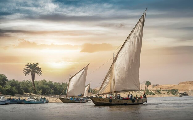 Le Nil et les bateaux au coucher du soleil à Assouan