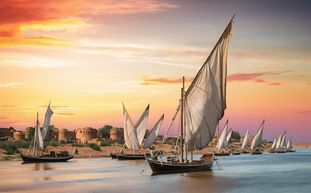 Le Nil et les bateaux au coucher du soleil à Assouan