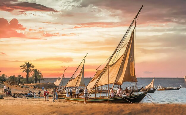 Le Nil et les bateaux au coucher du soleil à Assouan