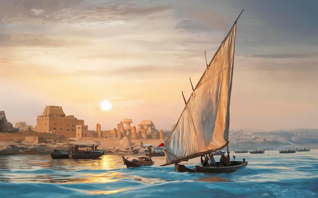 Le Nil et les bateaux au coucher du soleil à Assouan