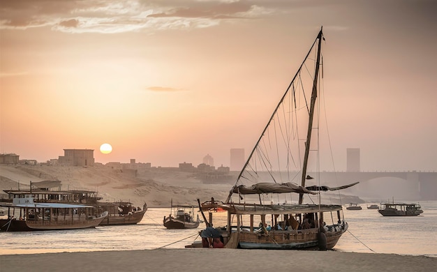 Le Nil et les bateaux au coucher du soleil à Assouan