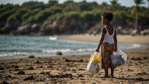 Photo nina africana récupère le plastique sur une plage propre avec une bourse de tissu